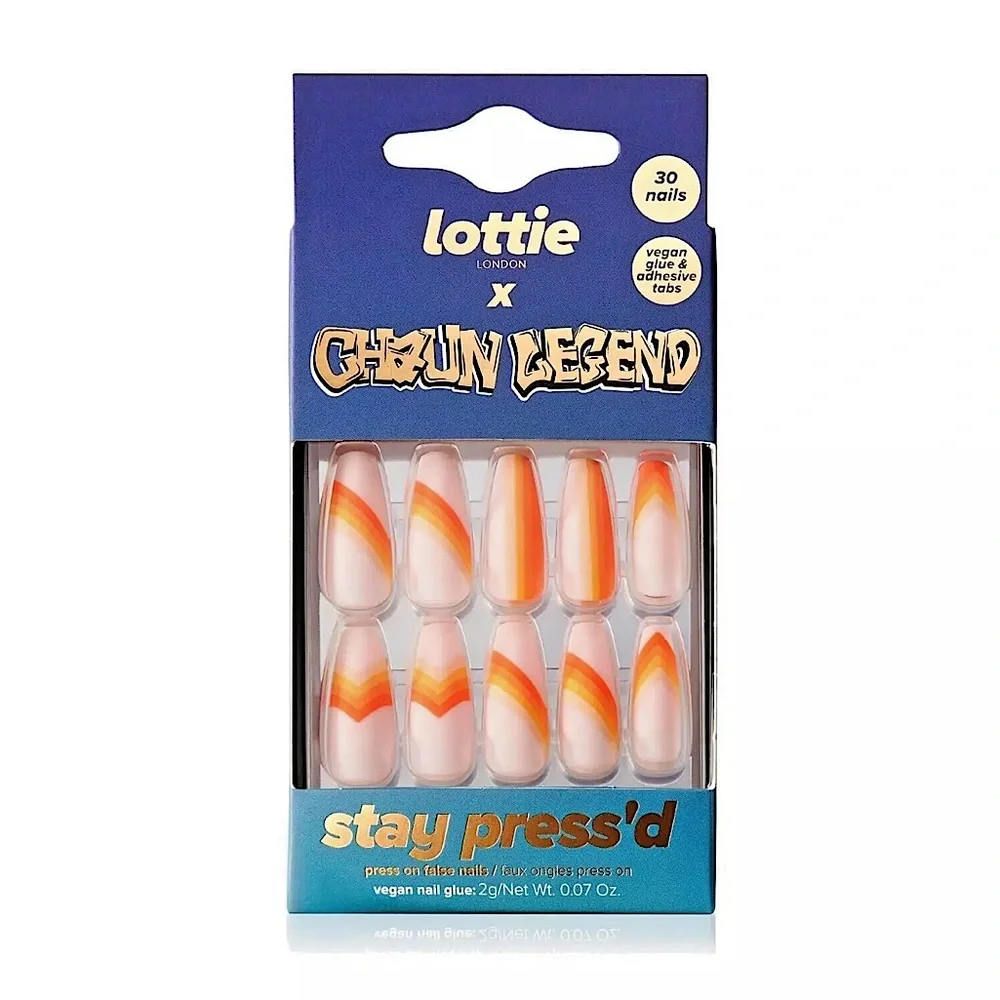 Lottie London X Chaun Legend Stay Press'd Press On Nails Orange Stripe NEW